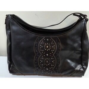 Relic Black Leather Purse w/ Laser Cutouts Brown Stitching Zipper Closure
